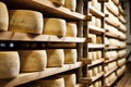 A large production room filled with many racks and shelves with different types of cheese. The cheese matures in a special room at Royalty Free Stock Photo