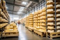 A large production room filled with many racks and shelves with different types of cheese. The cheese matures in a special room at