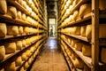 A large production room filled with many racks and shelves with different types of cheese. The cheese matures in a special room at