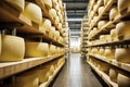 A large production room filled with many racks and shelves with different types of cheese. The cheese matures in a special room at