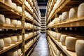 A large production room filled with many racks and shelves with different types of cheese. The cheese matures in a special room at