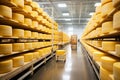 A large production room filled with many racks and shelves with different types of cheese. The cheese matures in a special room at