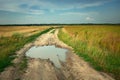 A large puddle on a rural sandy road through fields