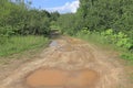 Large puddles on a dirt road Royalty Free Stock Photo