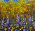 Large purple flowers in the meadow in the autumn forest, yellow leaves, autumn Royalty Free Stock Photo