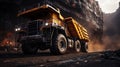 Large quarry dump truck. Big yellow mining truck at work site.