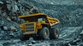 Large quarry dump truck. Big yellow mining truck at work site. Loading coal into body truck. Production useful minerals Royalty Free Stock Photo