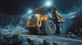 Large quarry dump truck. Big yellow mining truck at work site. Loading coal into body truck. Production useful minerals Royalty Free Stock Photo