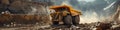 Large quarry dump truck. Big yellow mining truck at work site. Loading coal into body truck. Production useful minerals Royalty Free Stock Photo