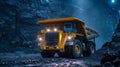 Large quarry dump truck. Big yellow mining truck at work site. Loading coal into body truck. Production useful minerals Royalty Free Stock Photo