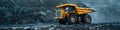 Large quarry dump truck. Big yellow mining truck at work site. Loading coal into body truck. Production useful minerals Royalty Free Stock Photo