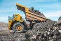 Large quarry dump truck. Loading the rock in dumper. Loading coal into body truck. Production useful minerals. Mining