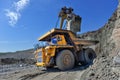 Large quarry dump truck. Loading the rock in the dumper. Loading Royalty Free Stock Photo