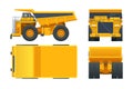 Large quarry dump truck template on white background. Equipment for the high-mining industry. View front, rear, side and