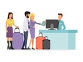 A large queue of different people at the airport. Airline queueing vector illustration. People with luggage in departure