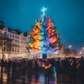 A large rainbow-colored tree decorated with beautiful lights at night of the Christmas tree during the New Year festival.