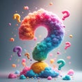 Large rainbow question mark made of cloud material floats. Small question marks, colorful spheres float around. Represents Royalty Free Stock Photo