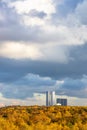 Large rainy cloud over yellow autumn forest Royalty Free Stock Photo