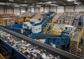 A large recycling facility with multiple blue conveyor belts Royalty Free Stock Photo