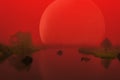 Large Red Alien Planet over Foggy River Royalty Free Stock Photo