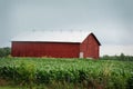 A large red barn with white roof in rural Kentucky. Royalty Free Stock Photo