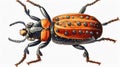Large, red and black beetle with orange spots. It is standing on ground in an outdoor setting. The insect has long legs Royalty Free Stock Photo