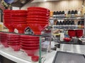 10 4 2021 large red bowls for noodles and Bottles of various condiments a restaurant in university student canteen in Hong Kong