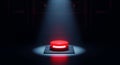 A large red button glows under a spotlight in a dark room Royalty Free Stock Photo
