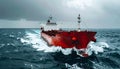 Large red cargo ship navigating through choppy dark blue waters under stormy grey sky Royalty Free Stock Photo