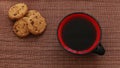 Large red cup of coffee with chocolate chip cookies Royalty Free Stock Photo