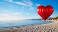 A large, red, heart-shaped balloon high in the clouds over a blue lagoon in the sea. Emotions, balloonists, extreme