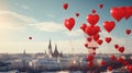 Large, red, heart-shaped balloons high above the city. Emotions, balloonists, extreme sports, an unusual holiday gift.