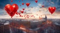Large, red, heart-shaped balloons high above the city. Emotions, balloonists, extreme sports, an unusual holiday gift.
