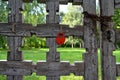 A large red padlock hanging on an old carved wooden gate. Royalty Free Stock Photo