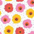 Large red pink and yellow flowers seamless vector pattern on a polka dot background. Repeating floral background Royalty Free Stock Photo