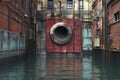 A large red pipe is in the middle of a flooded area