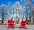 Large red plastic chaise lounges Royalty Free Stock Photo