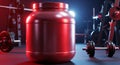 Large Red Protein Powder Container In Gym Setting Royalty Free Stock Photo