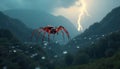 Red Spider on Web During a Dramatic Thunderstorm in Mountainous Landscape Royalty Free Stock Photo