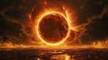 A large red sun is in the center of the image, surrounded by a dark sky Royalty Free Stock Photo