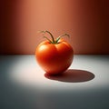 a large red tomato sitting on top of a white counter top next to a brown wall with a shadow on the f
