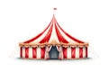 A large red and white circus tent with a flag on top