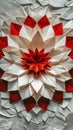 A large red and white flower made out of paper on a wall, AI