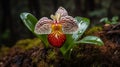 Large red and white paphiopedilum micranthum on rock at the top of the mountaim.