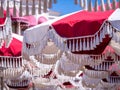 Large Red White Umberllas with Festoons Stacking Royalty Free Stock Photo