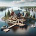 Large Remote Wilderness Fishing Lodge Home Exterior Wooden Cabins House Construction AI GeneratedFisning