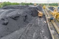 Large reserves of coal at a power plant, many cranes unloading coal, a lot of coal, top view Royalty Free Stock Photo