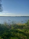 a large reservoir can be seen from the green shore