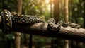Large Reticulated Python Snake with Intricate Pattern Coiled on Tree Branch in Lush Green Tropical Jungle Habitat under Warm Golde Royalty Free Stock Photo