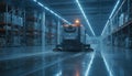 Large rideon floor scrubber branded clean force working in distribution center at night symbolizing reliability Royalty Free Stock Photo